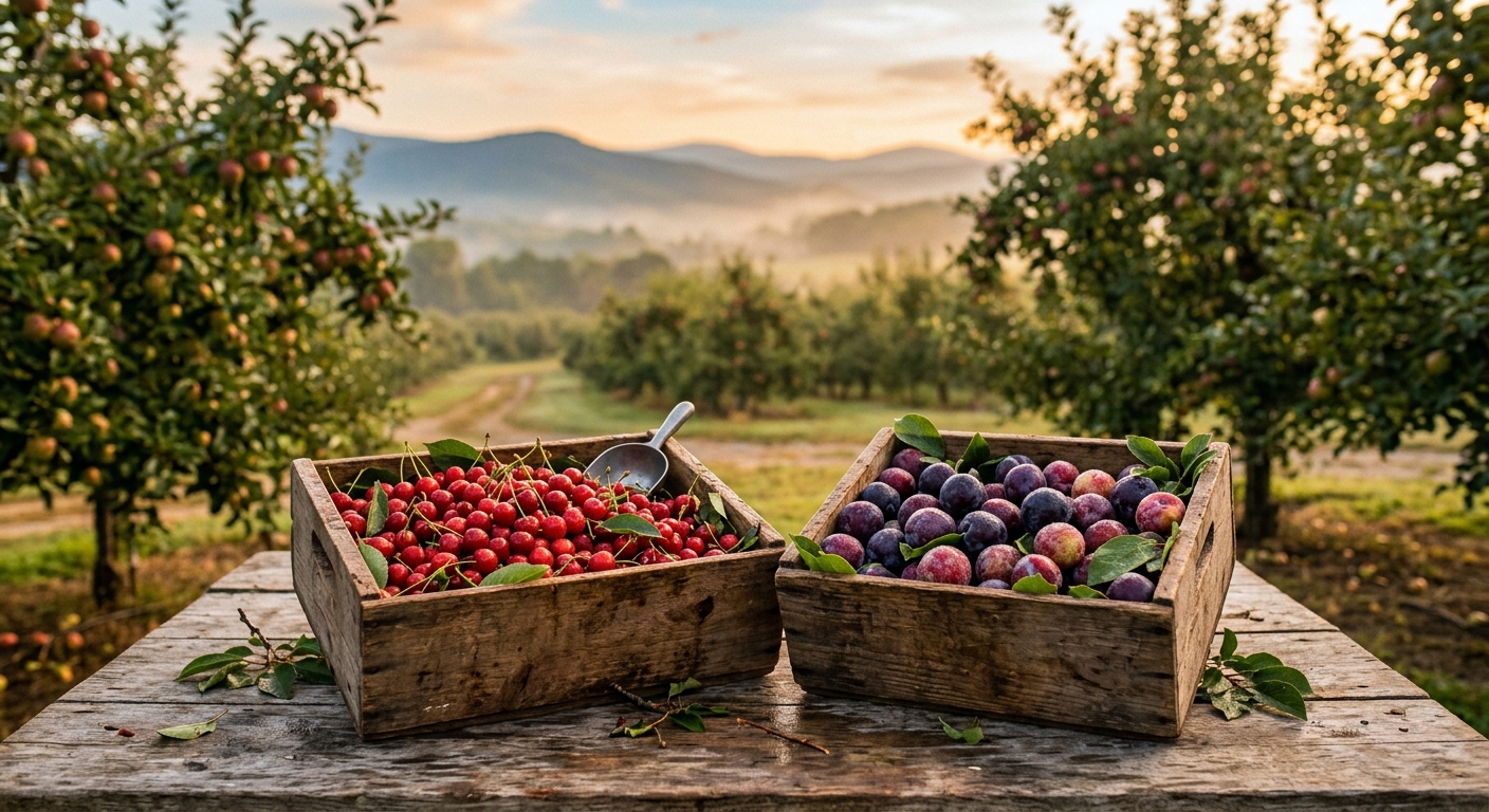 Sour cherries and the first plums, two hours before they reach the kitchen.