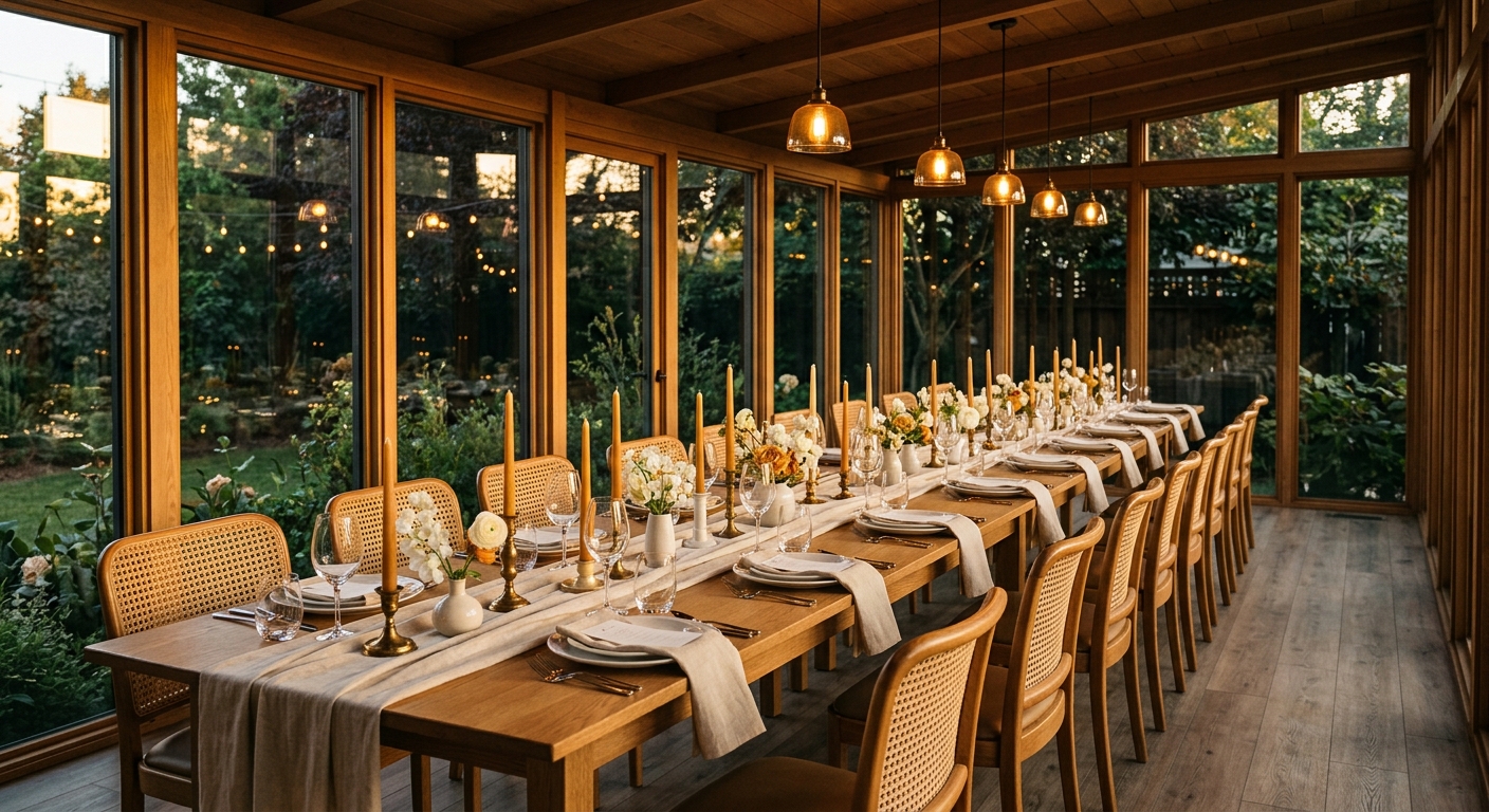 Glassed-in private dining porch with one long wooden table set for dinner, golden evening light through a wall of windows