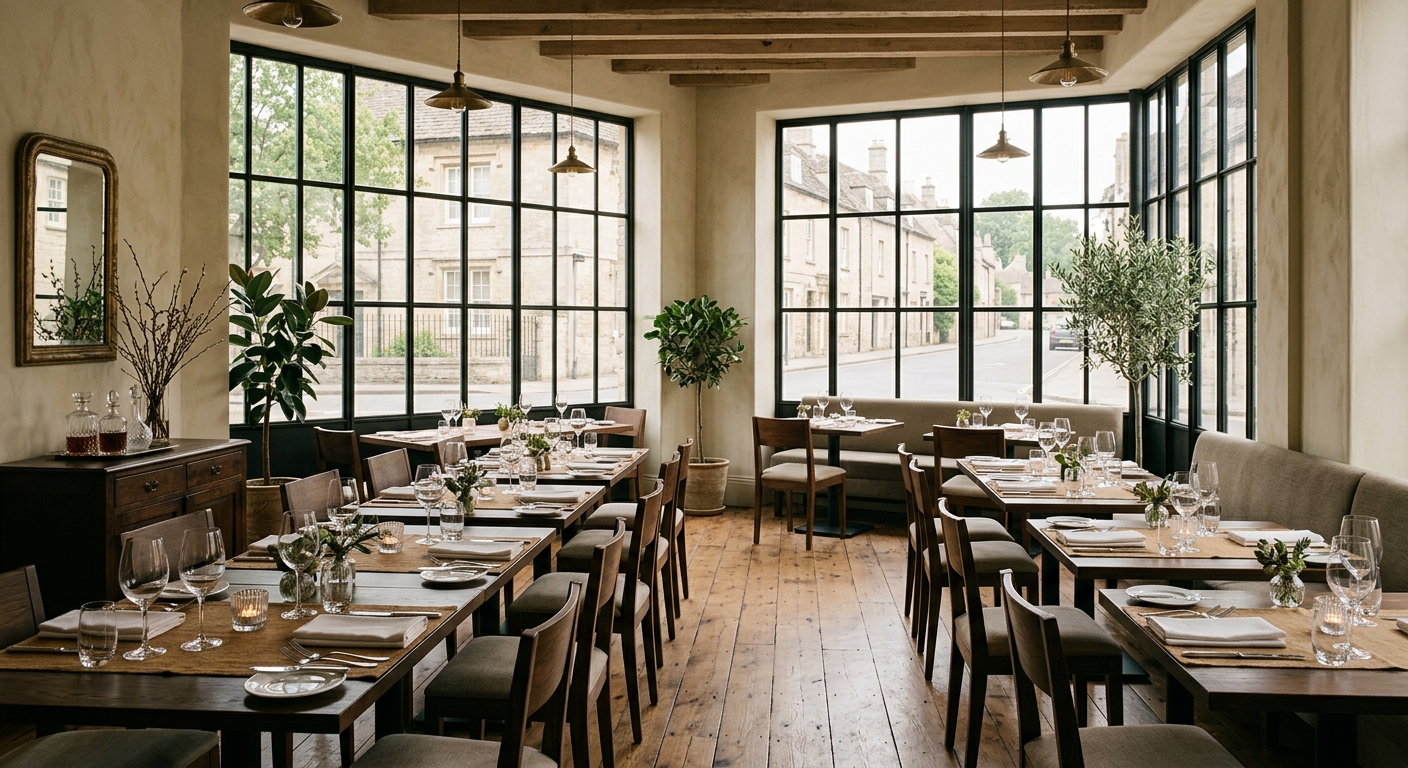 The empty corner dining room in soft afternoon light, tall windows on two sides, tables set for dinner