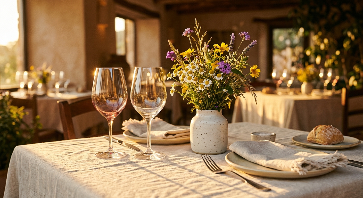 Linen, glass, and the low sun doing its work on table twelve.