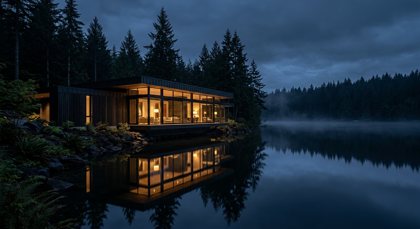 A low modern timber and glass house glowing warmly at the edge of a perfectly still lake at dusk, dark fir forest behind and its reflection mirrored in the water