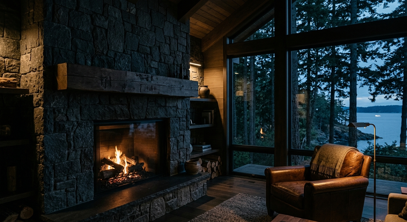 Interior of a great room at dusk: a floor-to-ceiling dark basalt fireplace with a low fire, a leather chair, and a tall window onto forest and water
