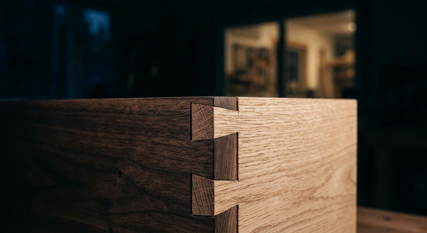Close-up of a hand-cut dovetail joint in dark walnut and pale oak, lit by warm raking light against a dark background