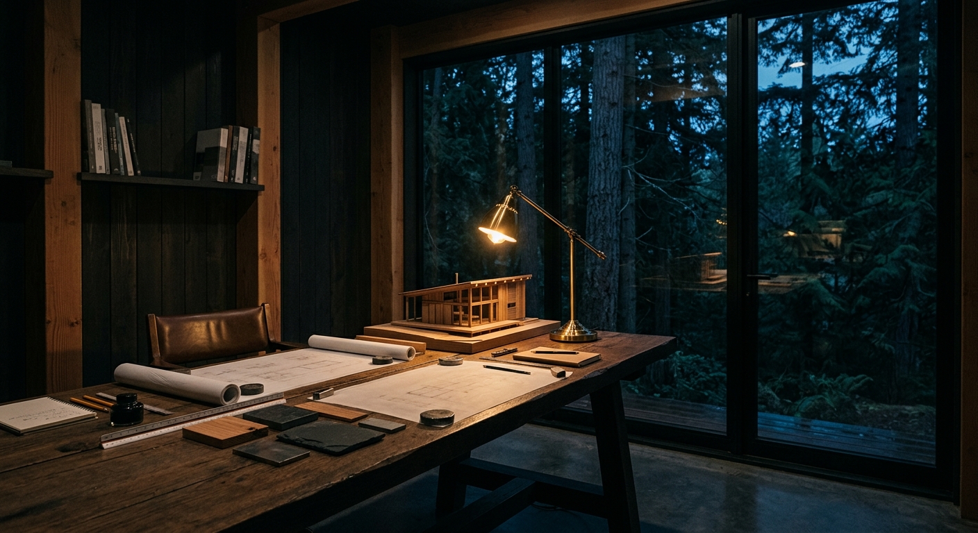 A dark atelier workspace at night: an oak table with an architectural model of a timber house, material samples, drawings, and a warm brass lamp