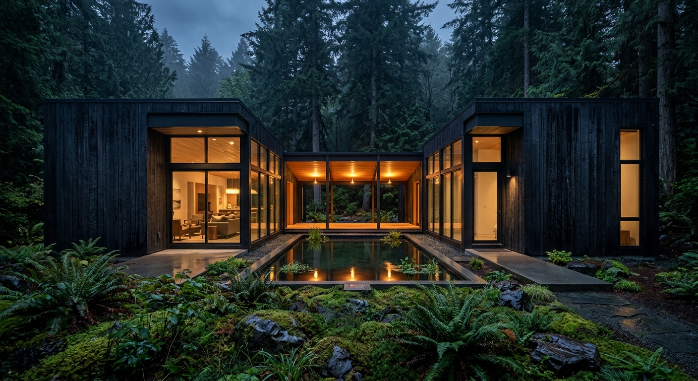 Blackened timber courtyard house wrapped around a small reflecting pool, surrounded by moss and sword ferns in a dark forest