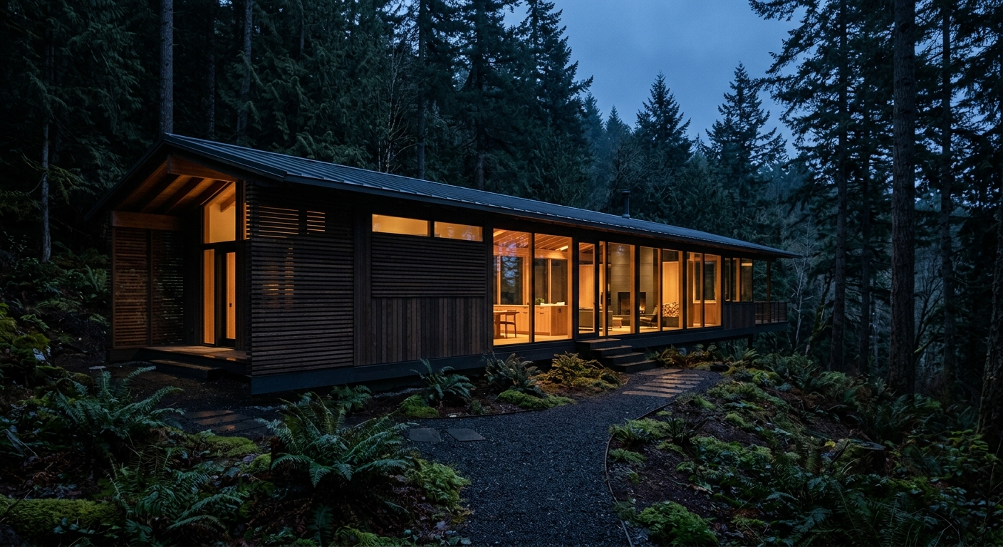 Long single-story cedar and glass pavilion house lit from within, set among tall dark fir trees at dusk
