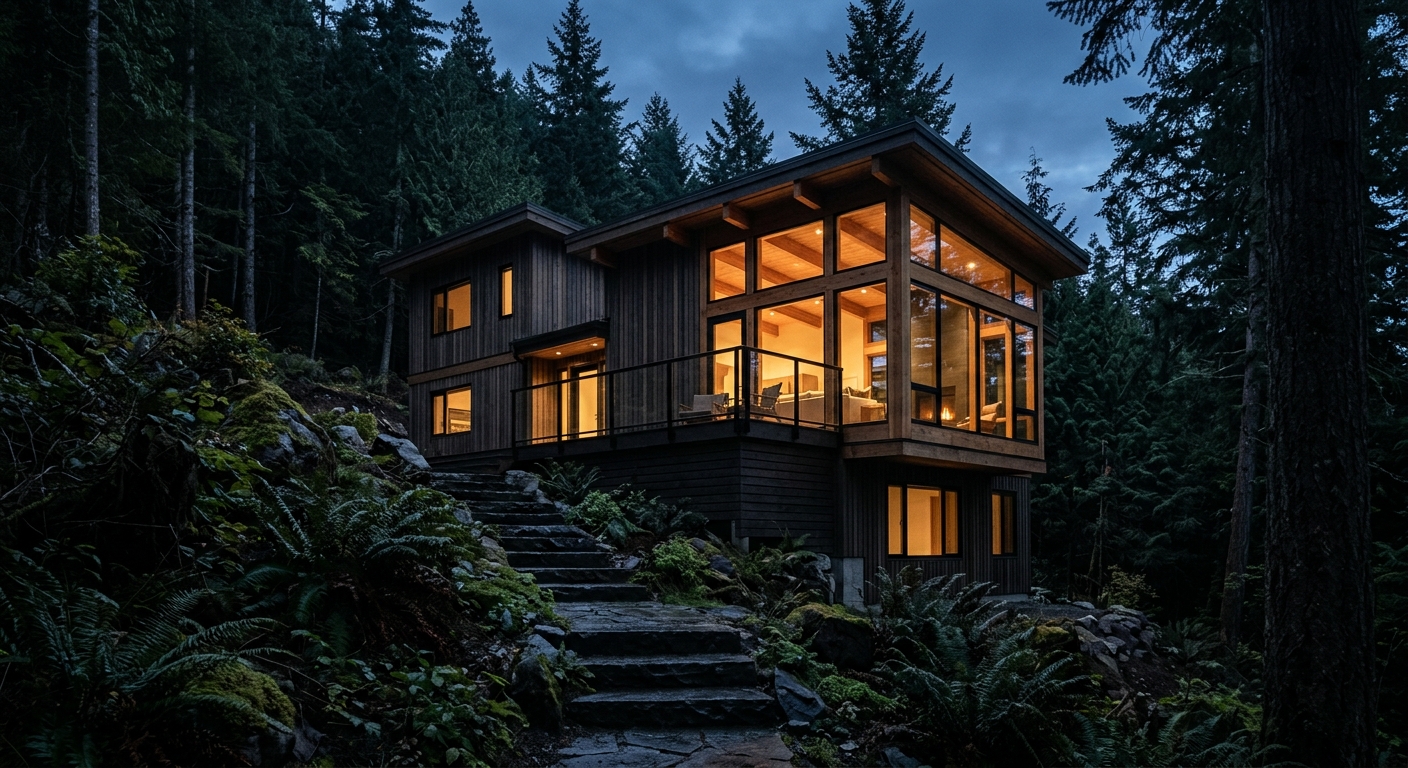 Two-story timber house glowing like a lantern on a steep forested hillside, stone steps climbing toward it through ferns