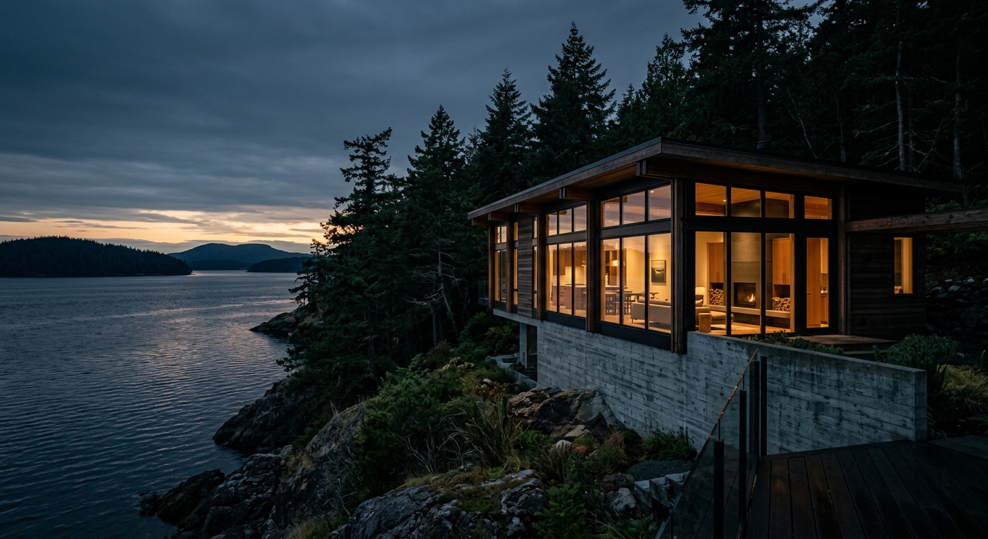 Modern glass and wood house on a rocky coastal bluff above dark water at dusk, distant islands on the horizon