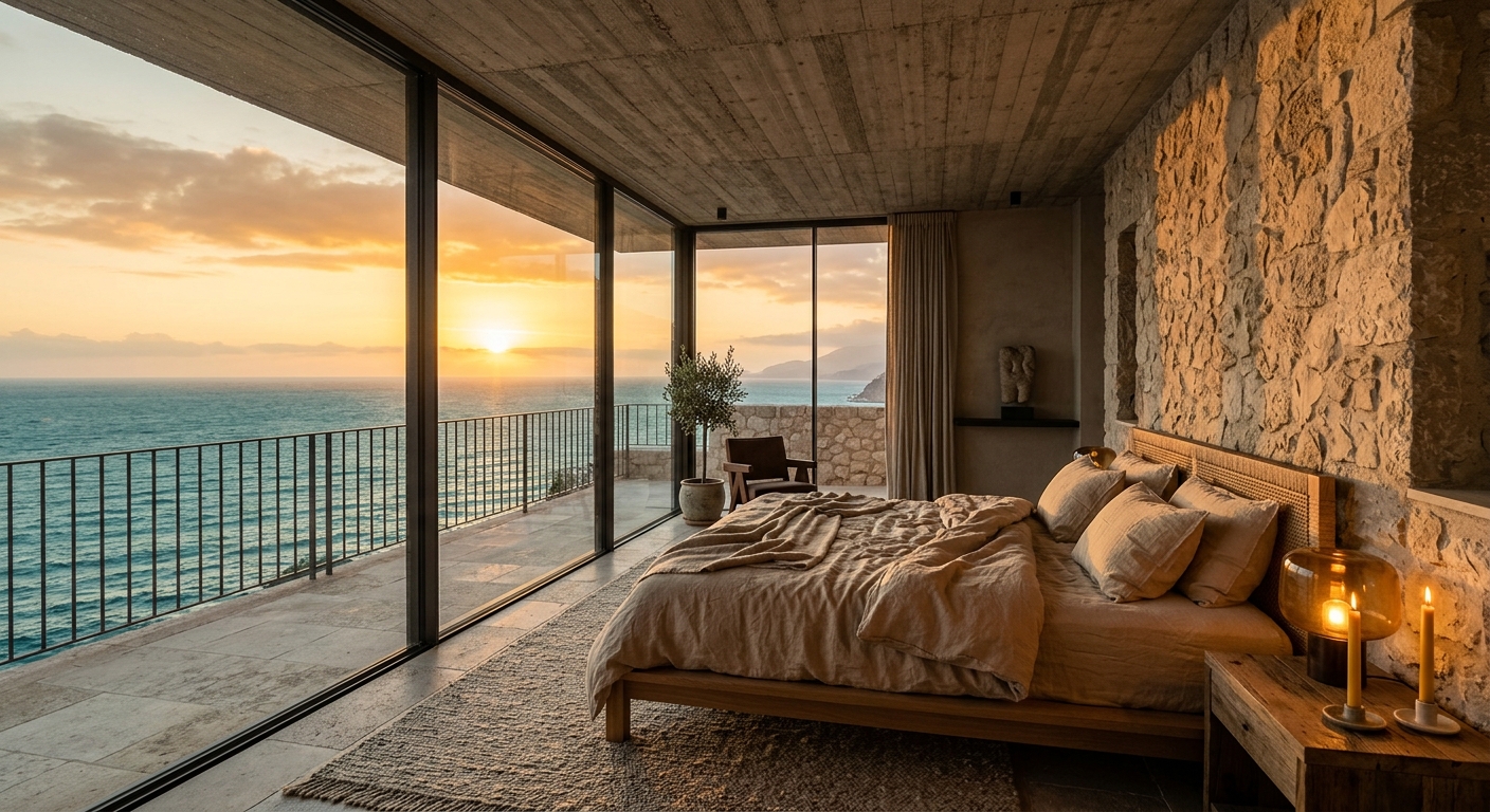 Master bedroom with a full-height sea-facing glass wall at golden hour