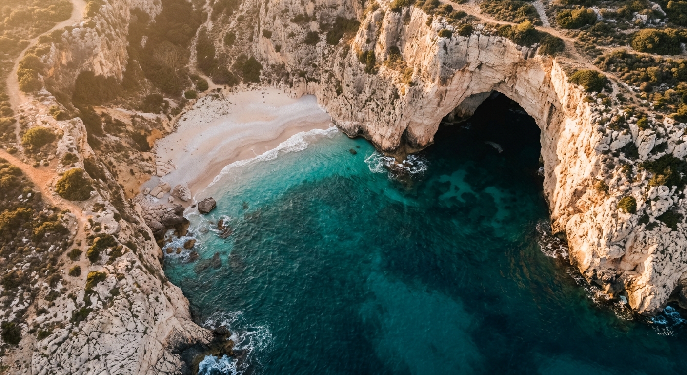 Aerial view of the sea-cave cove with turquoise water below the cliffs