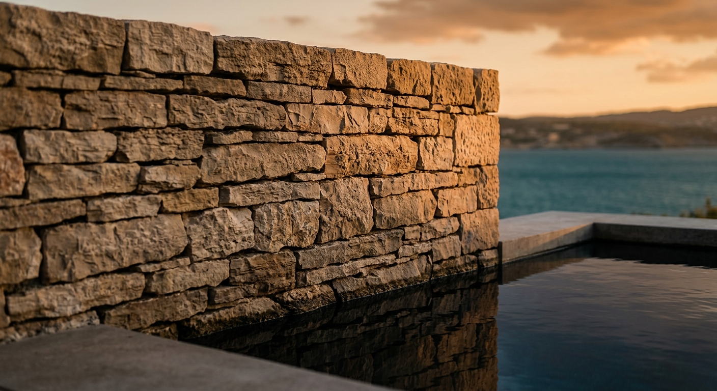 Dry-stacked limestone wall meeting the still water of a reflecting pool at dusk
