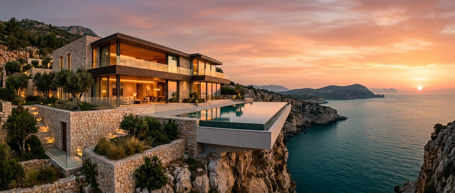 Cliff villa with a cantilevered infinity pool above the sea at sunset on the invented Cala Sella coast