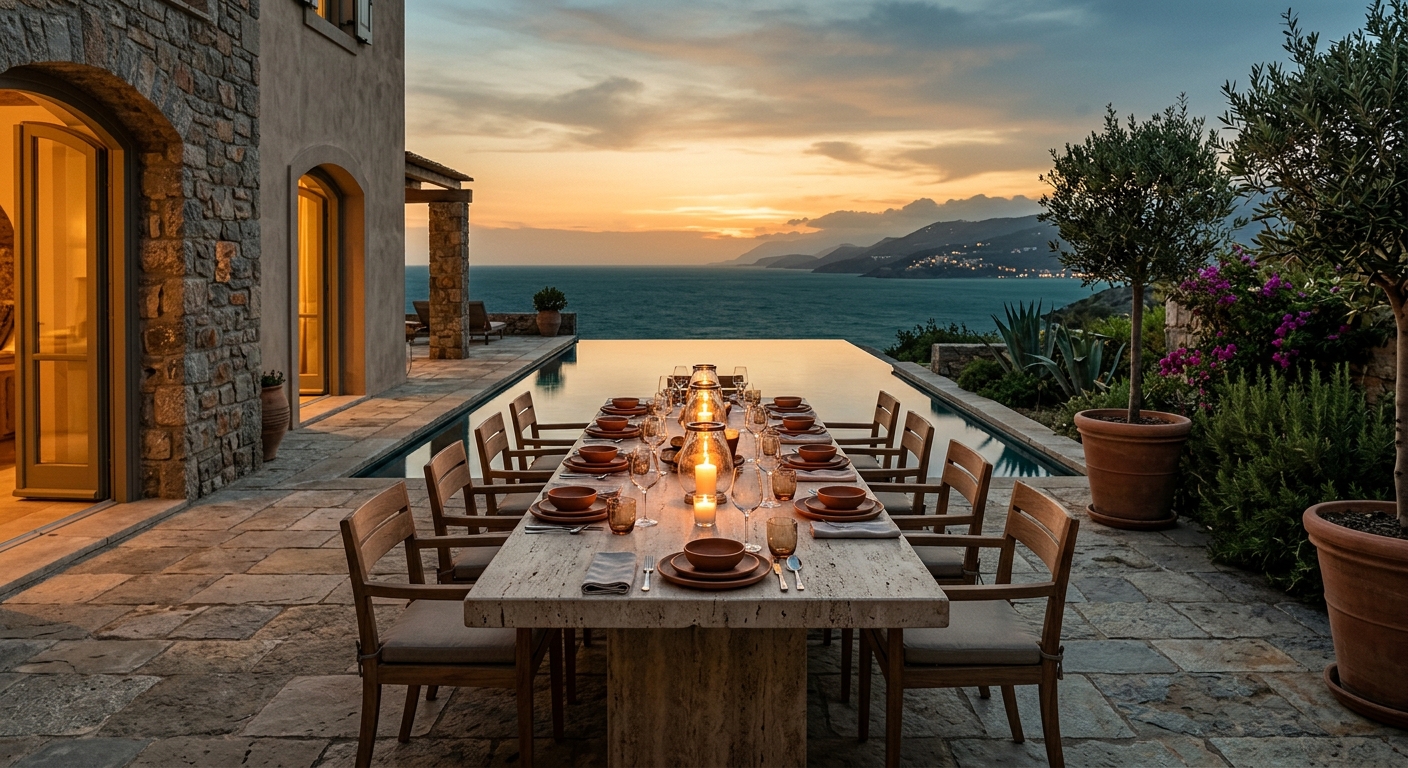 Stone terrace set for dinner at dusk with the infinity pool and sea beyond