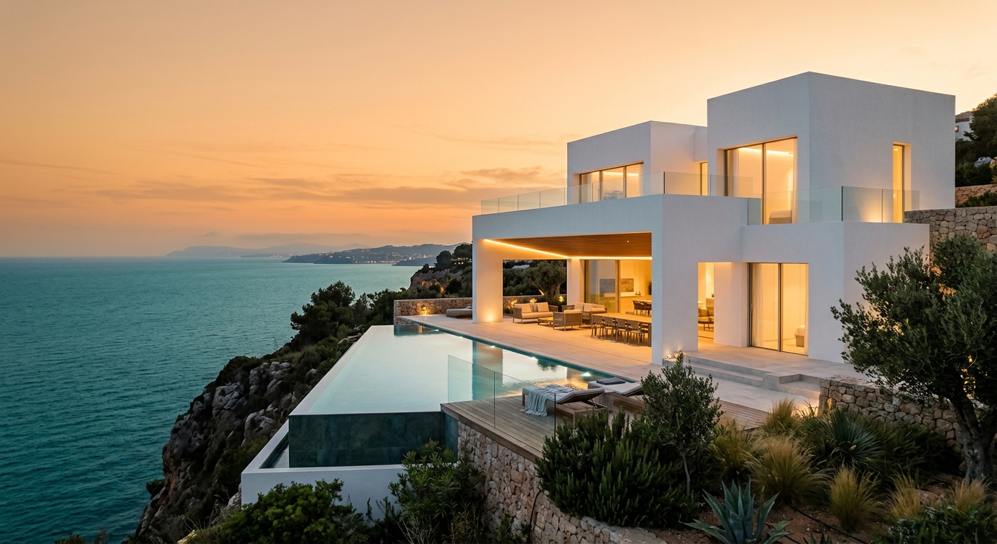 Villa Lumen, a white minimalist villa with infinity pool on the cliff top at dusk
