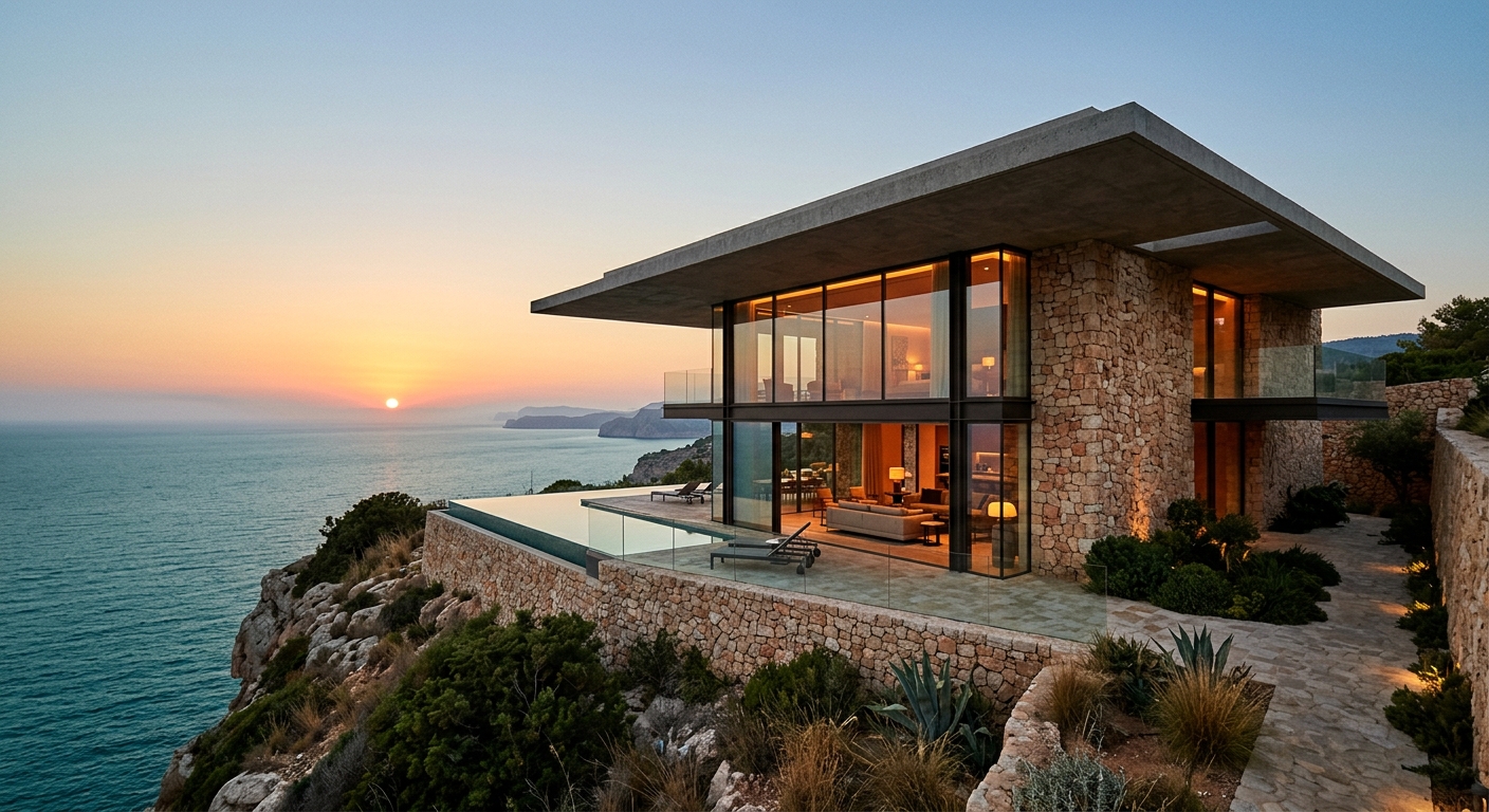 Villa Roca, a stone and glass villa cantilevered over the sea cliff at dusk