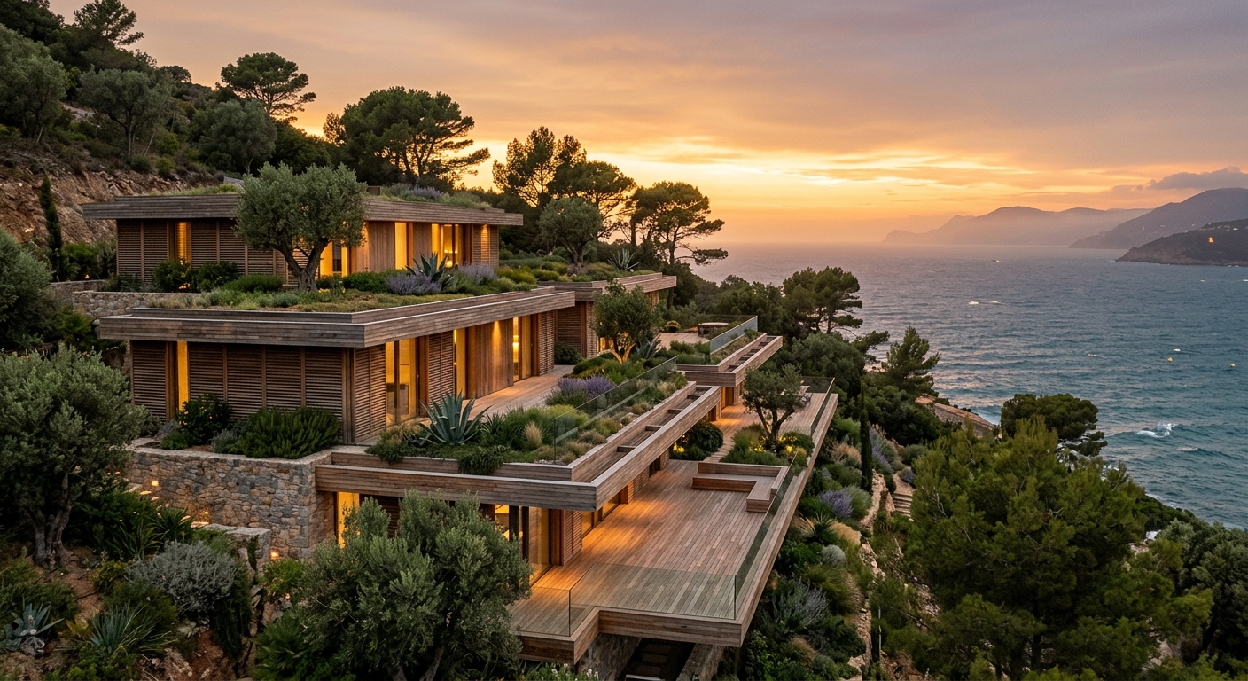 Villa Terra, a terraced timber villa stepping down the planted hillside at dusk