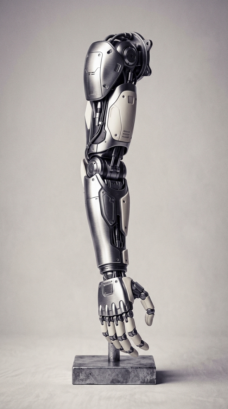 Robotic prosthetic arm in brushed chrome and ivory polymer, still-life on pale grey