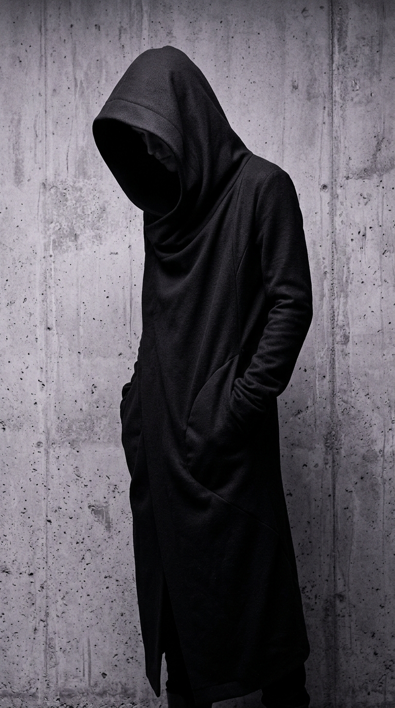 Figure in a long black hooded avant-garde coat, face lost in shadow, against raw concrete