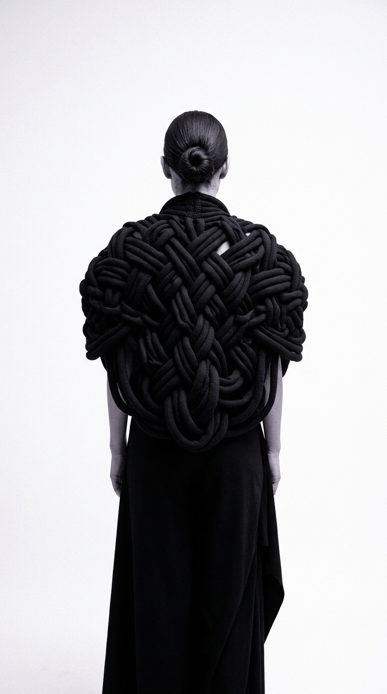Figure from behind in sculptural black knotted knitwear against a white studio background