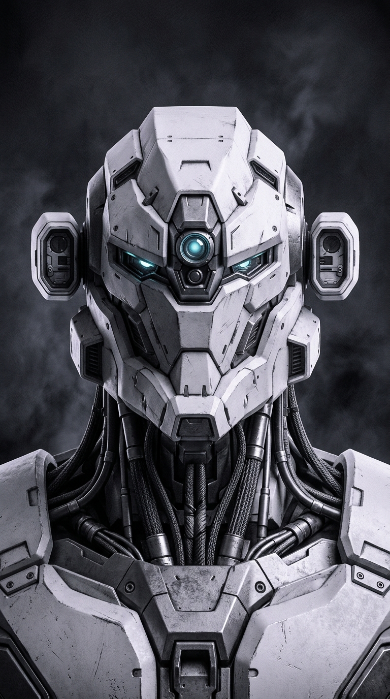 Matte-white and gunmetal mecha robot head unit with braided neck cabling, studio portrait