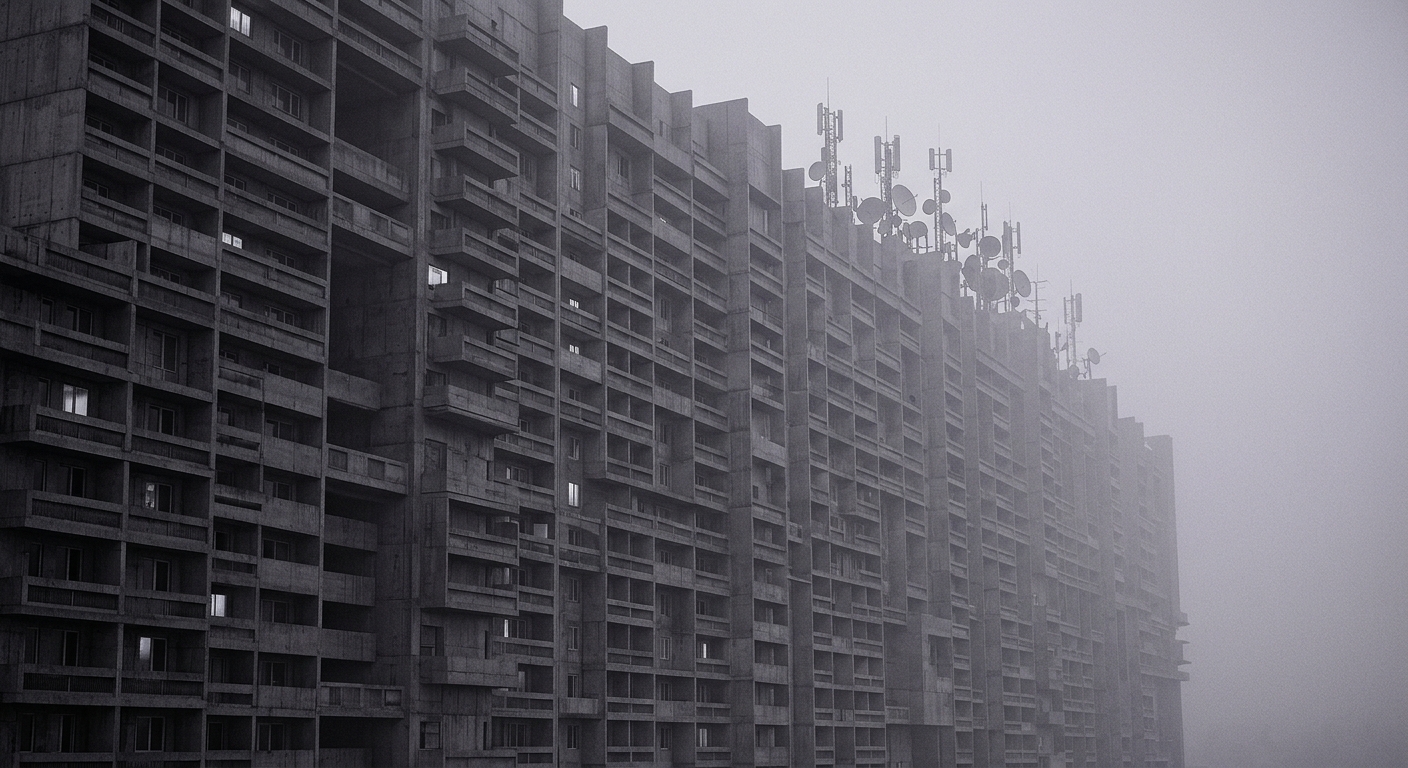 Colossal brutalist megastructure housing block disappearing into fog