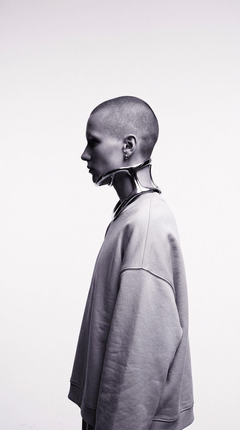 Model in strict profile wearing a polished chrome neck brace over a pale grey sweatshirt, white studio background