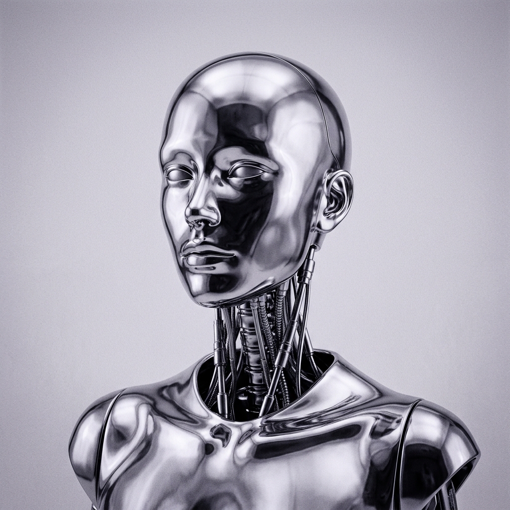 Polished chrome android bust with exposed spinal cabling, studio still-life
