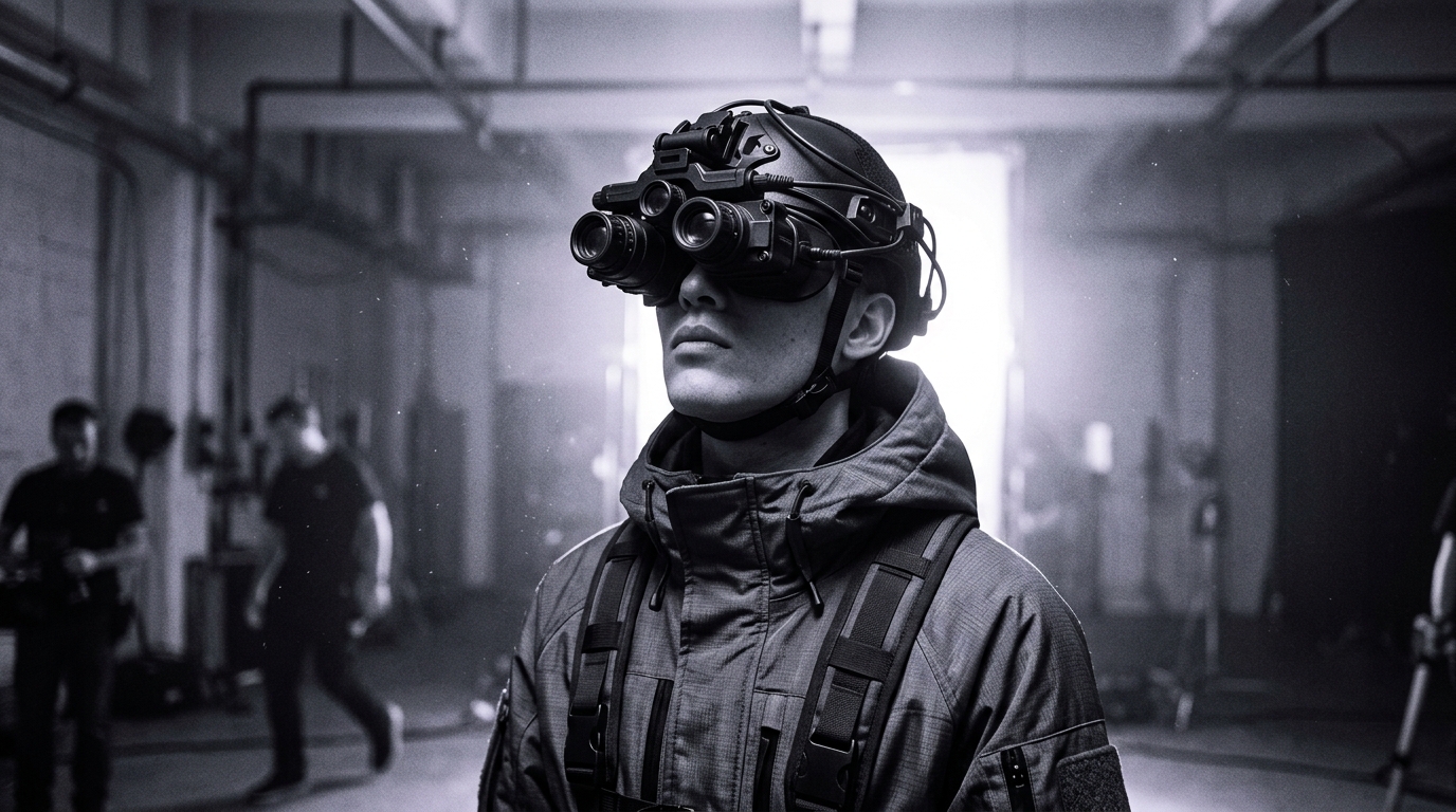 Black-and-white film still: figure wearing a triple-lens optic visor rig, cold light behind