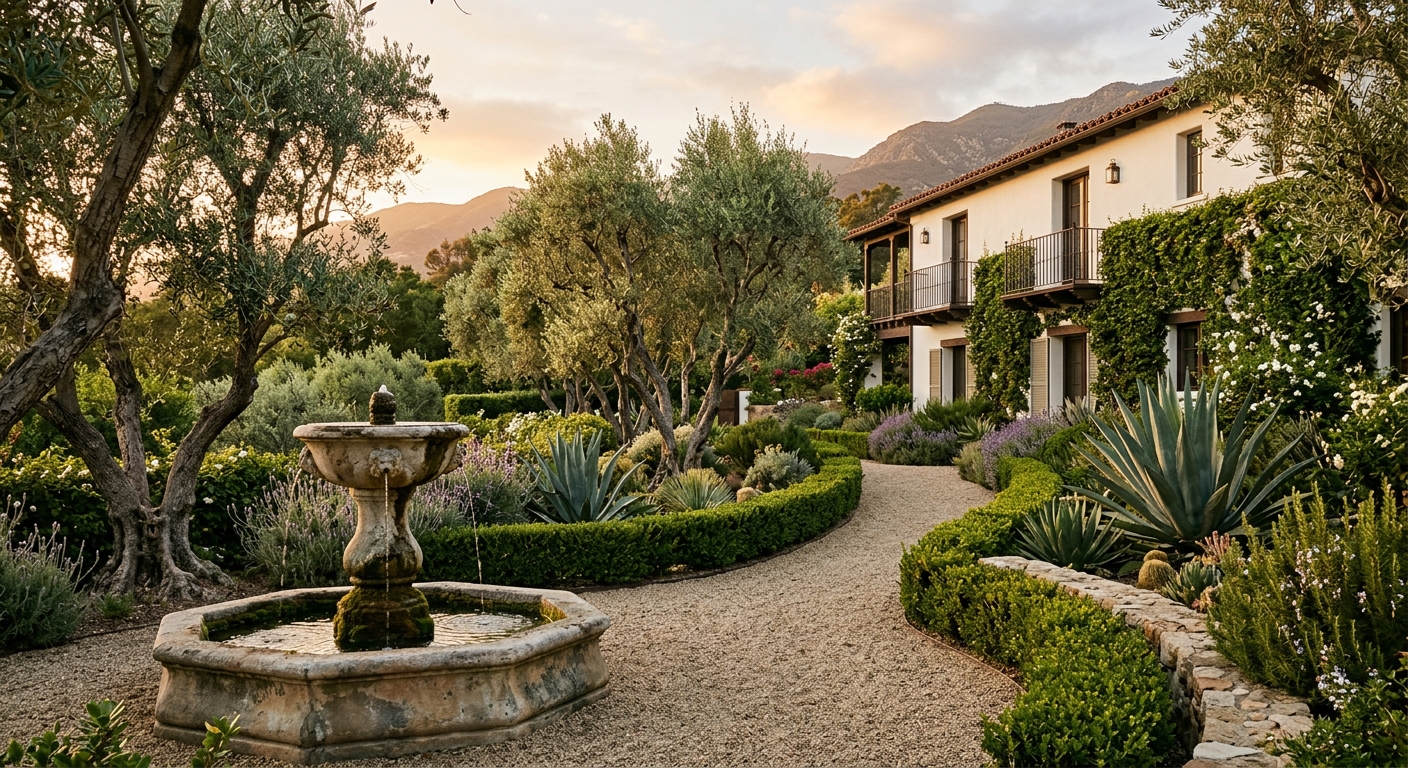 Stone fountain and olive trees in an estate garden at early evening