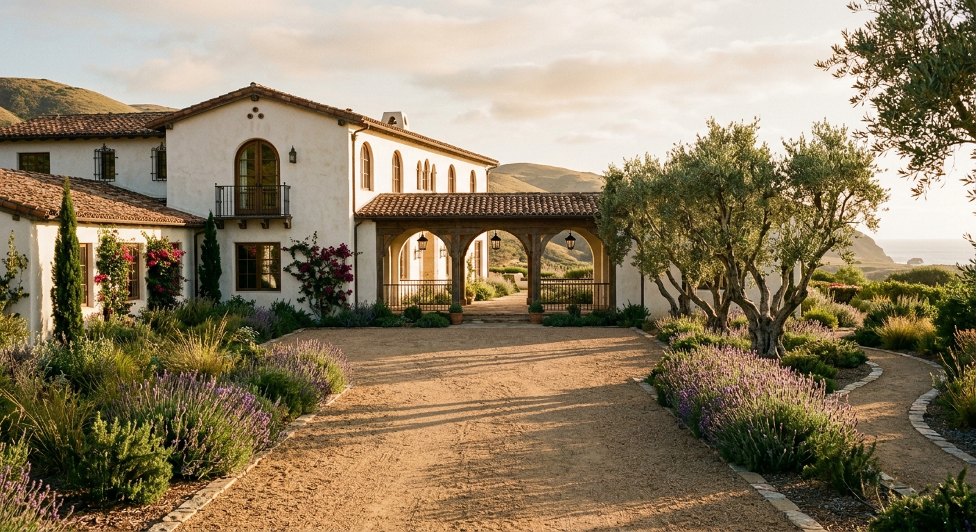 White Spanish colonial revival estate with terracotta roof and olive trees at golden hour