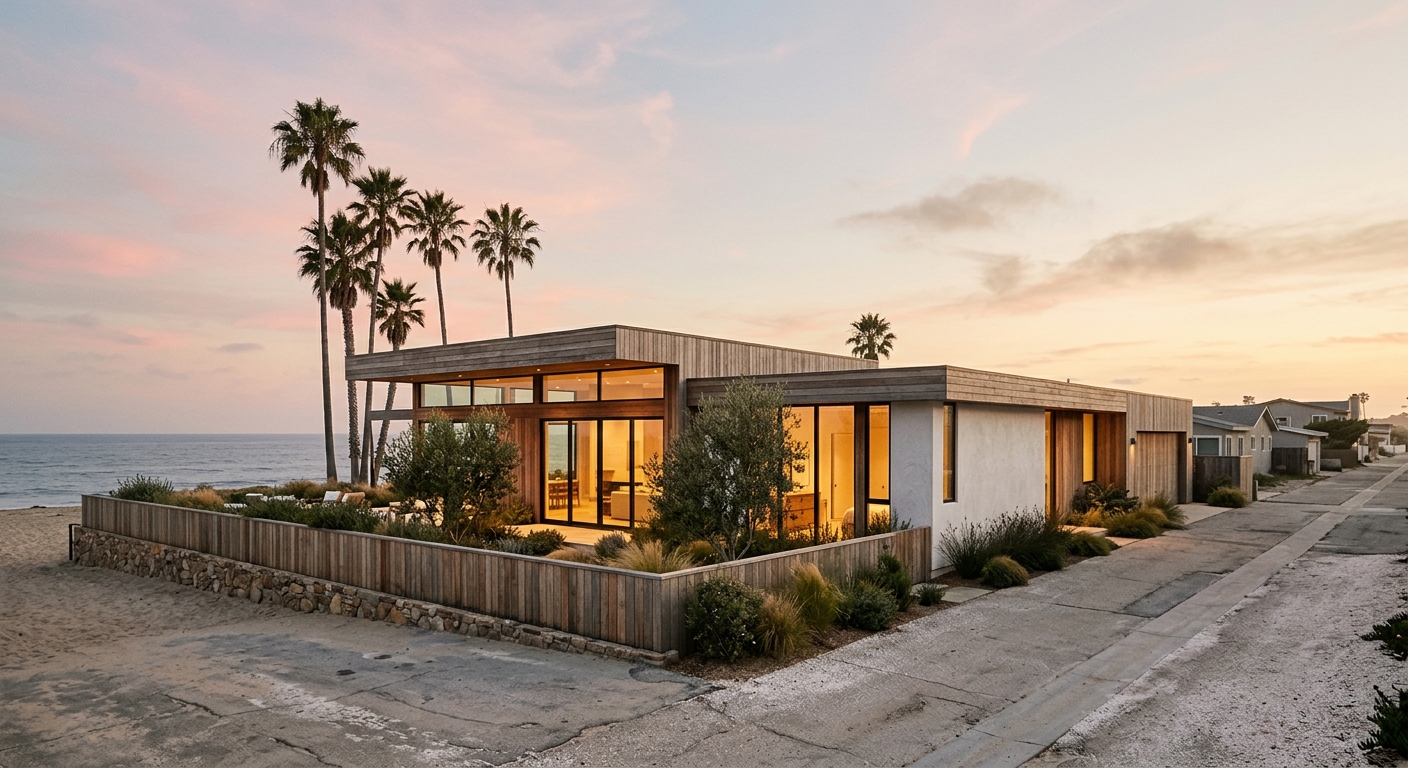 Single-level contemporary beach house glowing at dusk on a quiet beachfront lane