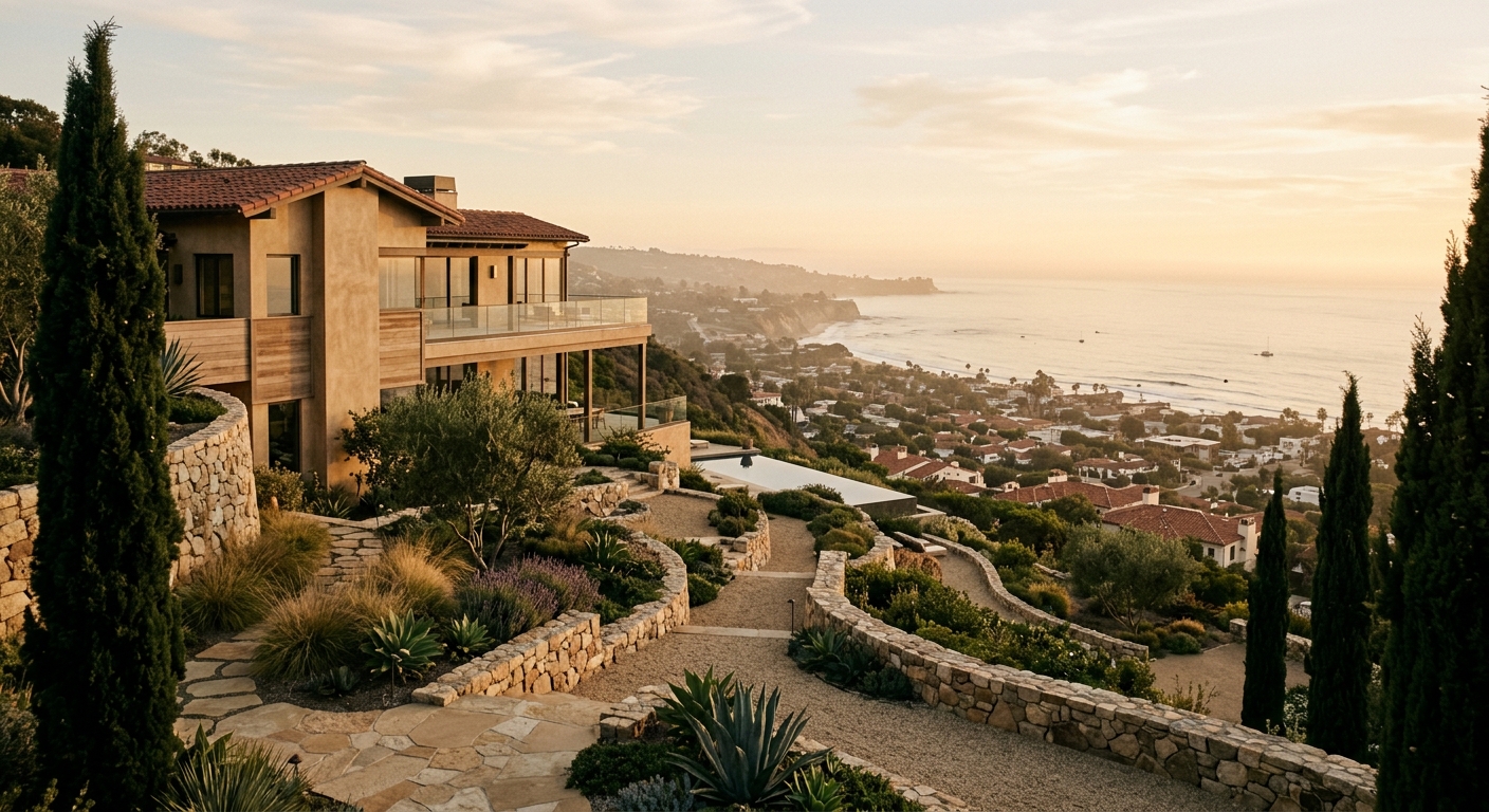 Hillside villa terraces overlooking a coastal town dissolving into golden haze