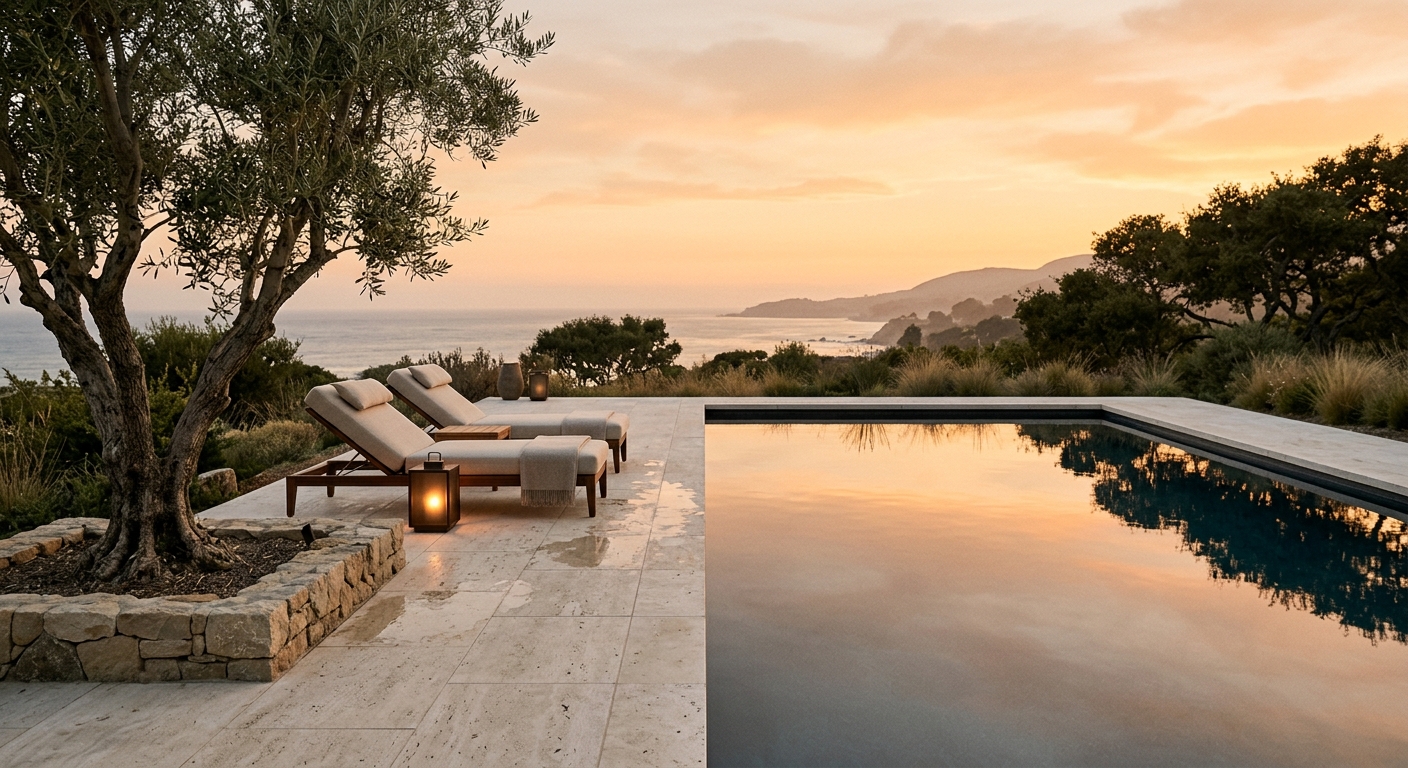 Still pool terrace at dusk with limestone deck and a sculptural olive tree