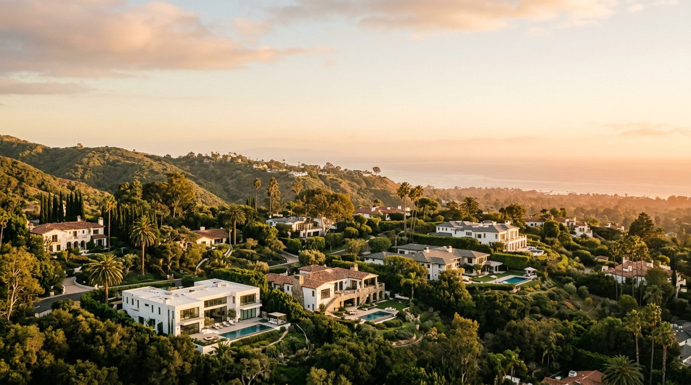 Golden-hour view over Montecito hillside estates with the Pacific Ocean hazy in the distance