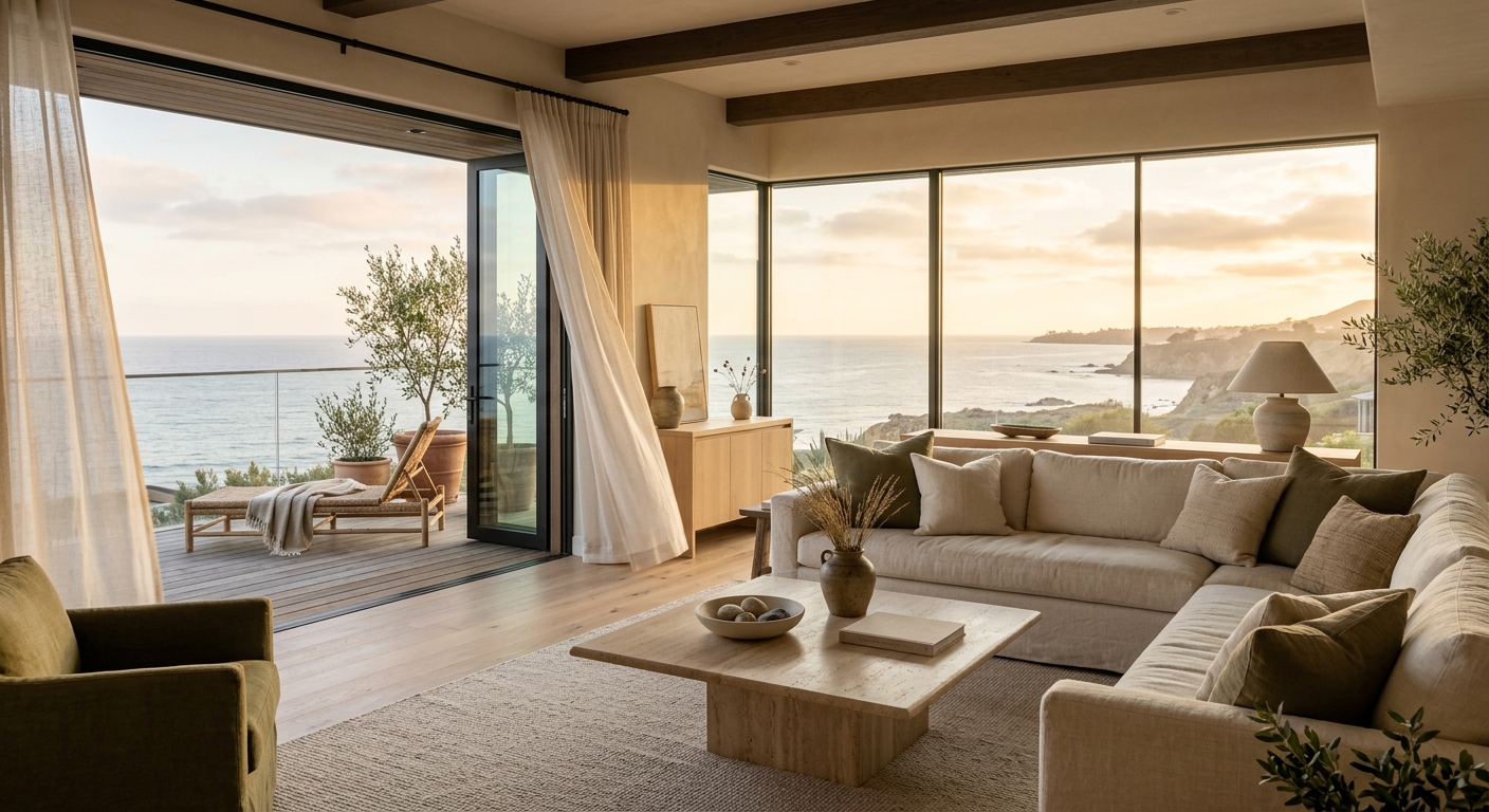 Serene cream living room with floor-to-ceiling glass and soft ocean light