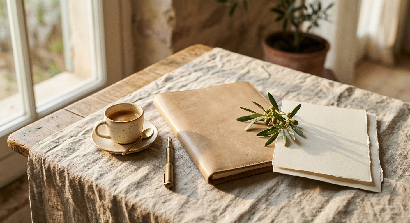 Still life of a closed leather portfolio, ceramic cup, and olive sprig in warm window light