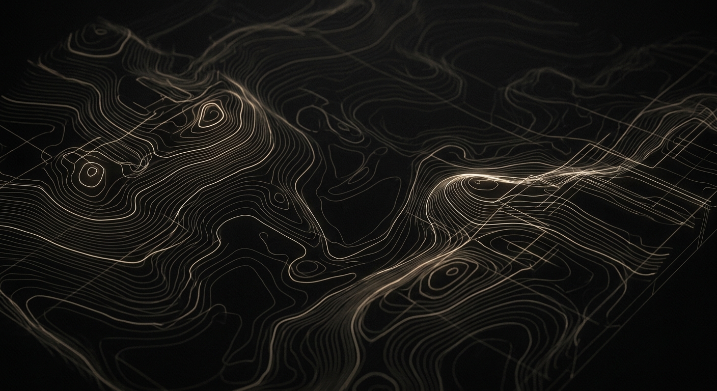 Abstract field of fine contour lines on black