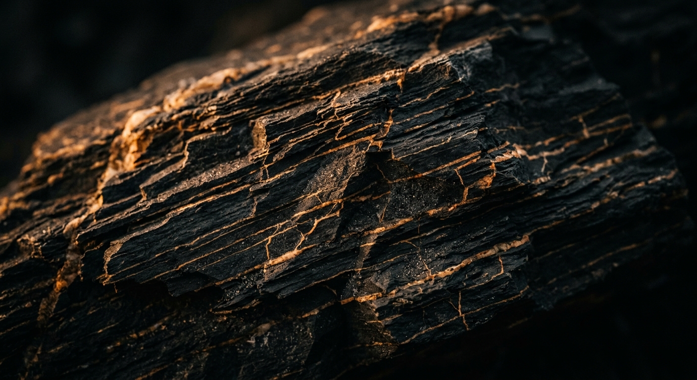 Macro photograph of dark layered rock strata with warm light along the seams