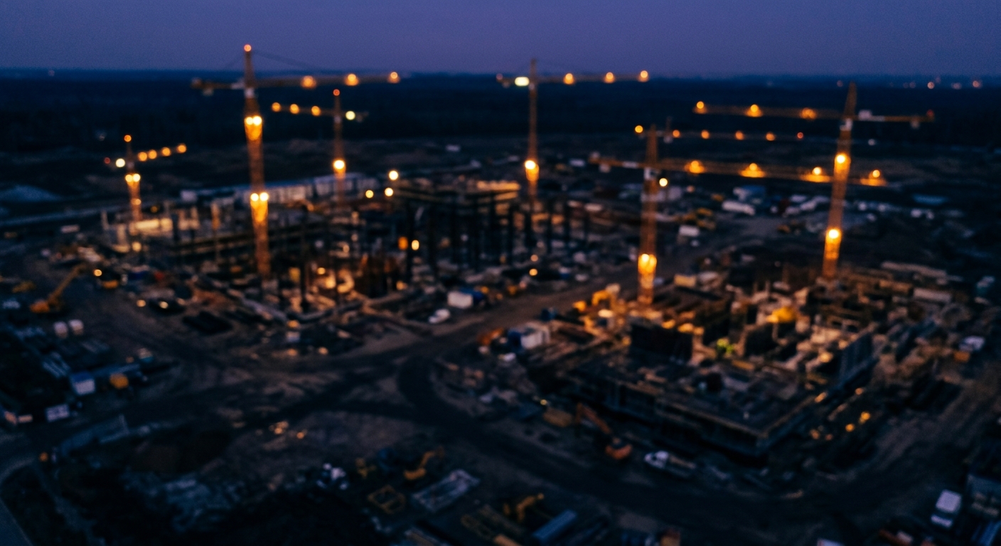 Heavily abstracted aerial view of a construction site at dusk with warm crane lights