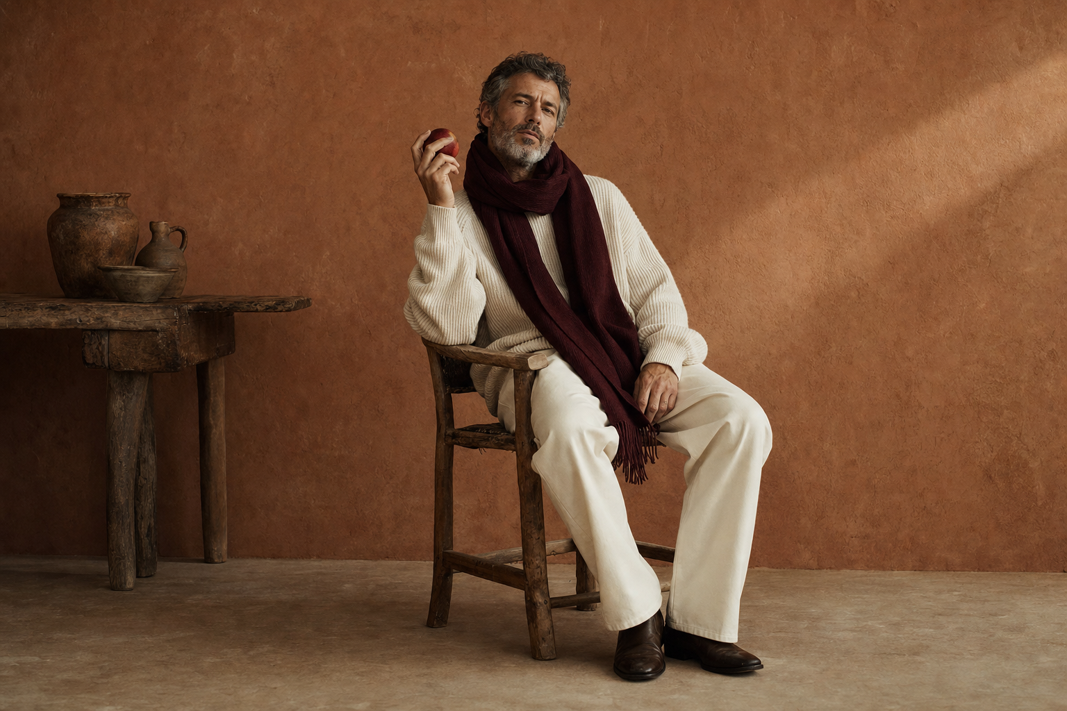 A model in an oversized cream sweater and oxblood scarf seated against a warm plaster wall