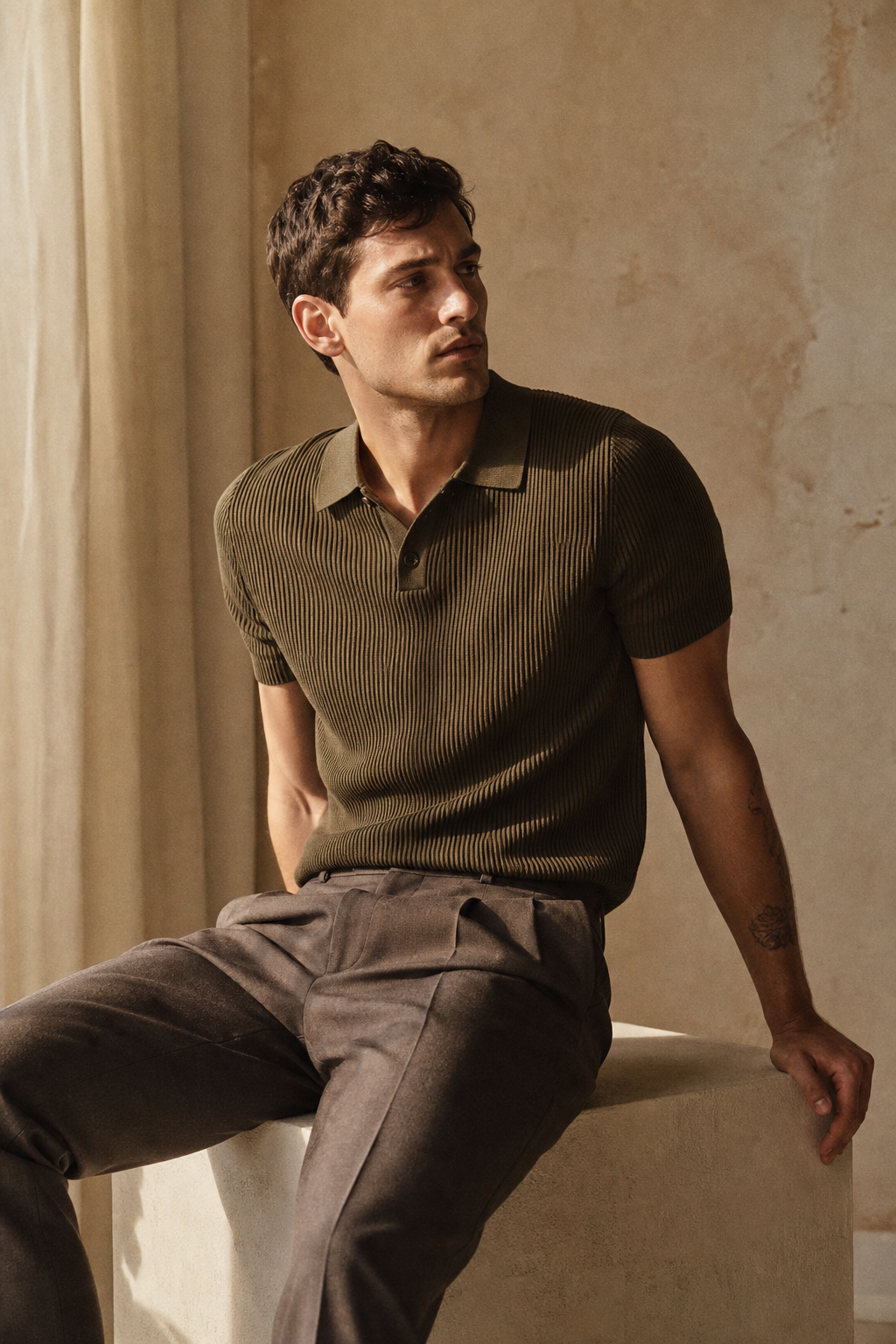 Model in an olive ribbed knit polo