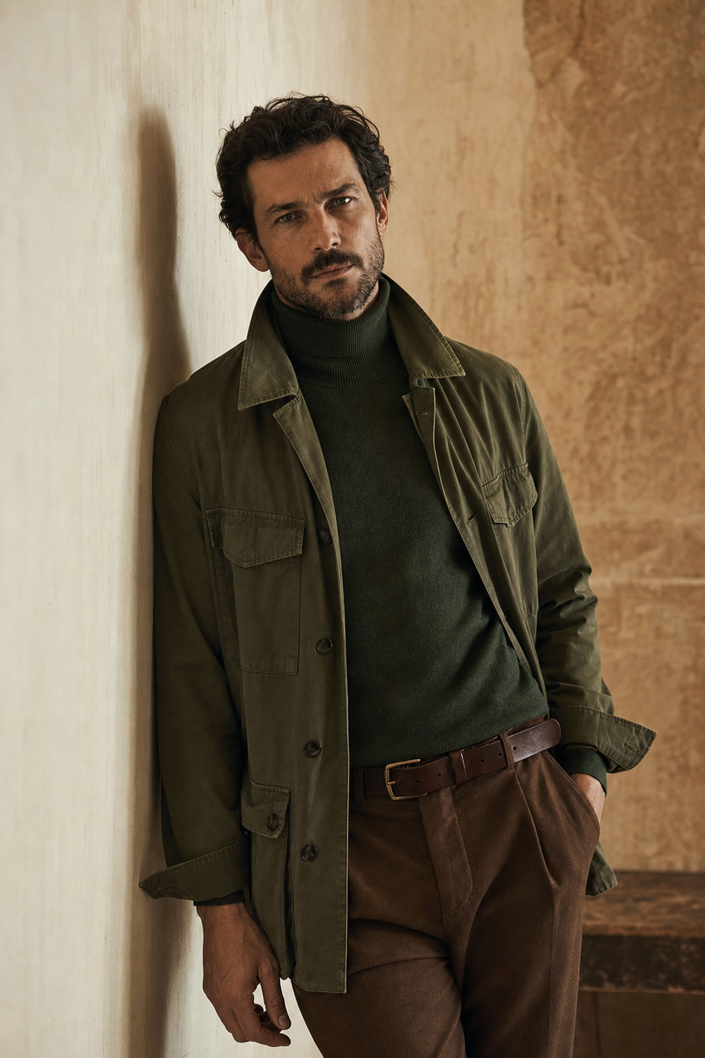 Model in an olive field jacket