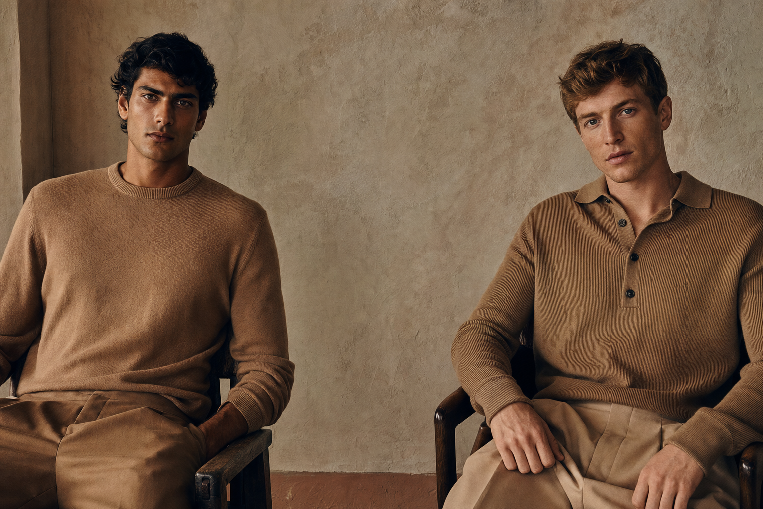 Two models in warm knitwear against a plaster wall