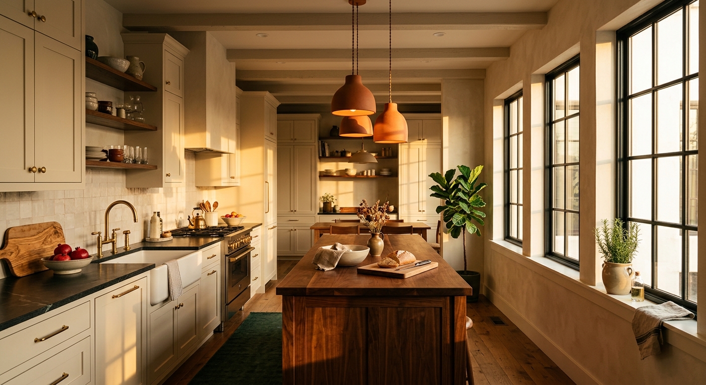 Golden-hour light in a remodeled kitchen with cream cabinetry, walnut island, and clay pendant lights