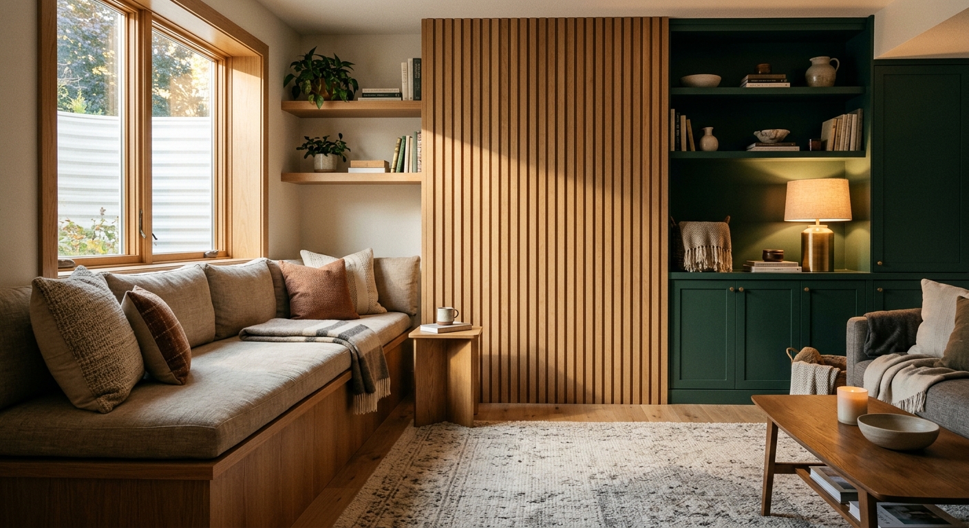 Finished lower level with window seat and warm built-ins, from the Cedar Lower Level project