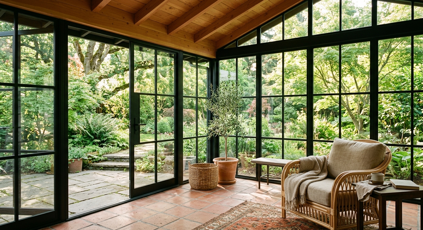 Sunlit garden room addition with floor-to-ceiling steel windows, warm wood ceiling, and terracotta tile floor