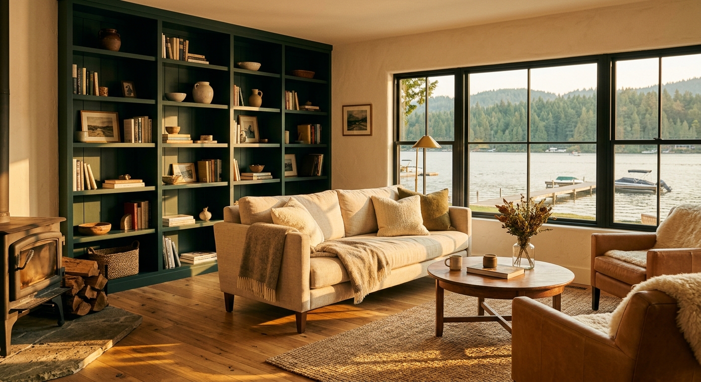 Renovated lakeside living room with deep spruce green built-in bookshelves, white oak floors, and golden hour light