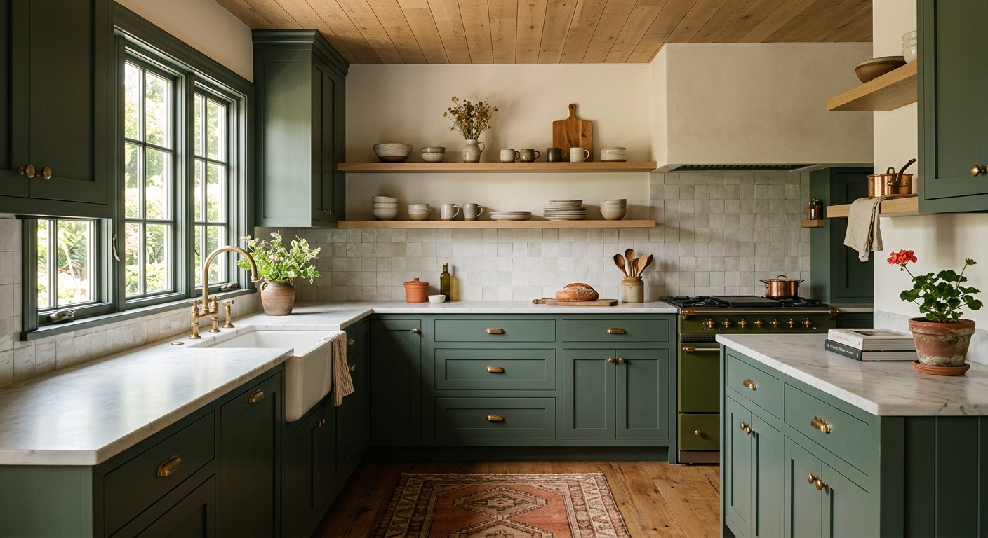 Remodeled kitchen with sage green cabinets, honed stone counters, and white oak open shelving in warm morning light