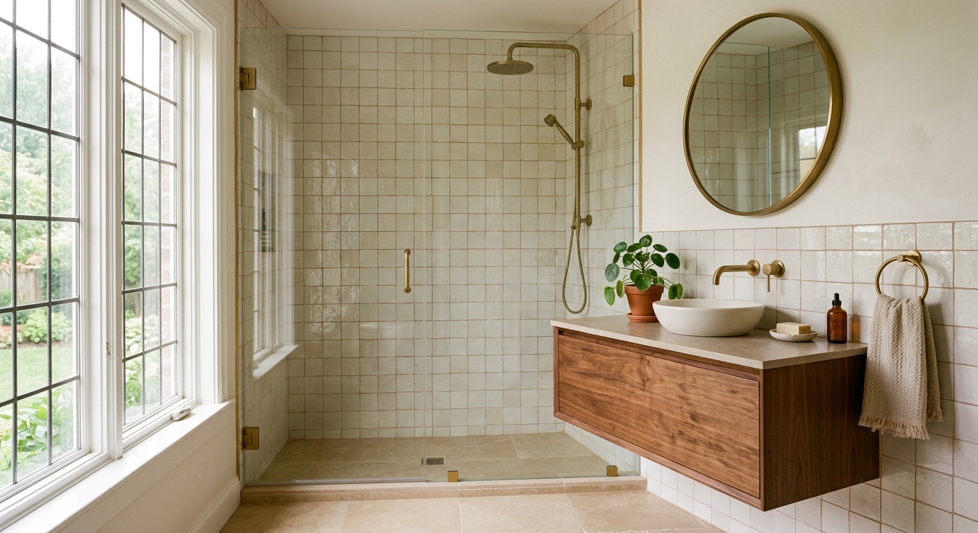 Serene remodeled bathroom with cream zellige tile shower, walnut floating vanity, and aged brass fixtures