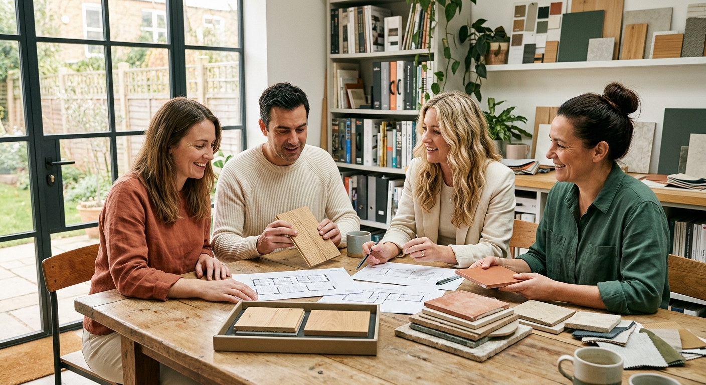 Designers and homeowners reviewing material samples and floor plans at a long oak table in the Wrenhouse studio